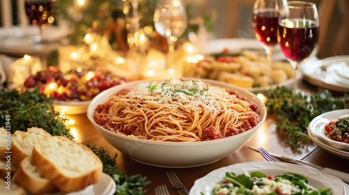 A family-style table setting featuring a large serving bowl of spaghetti, surrounded by side dishes like garlic bread and salad, warm lighting creating a communal and festive mood  photo