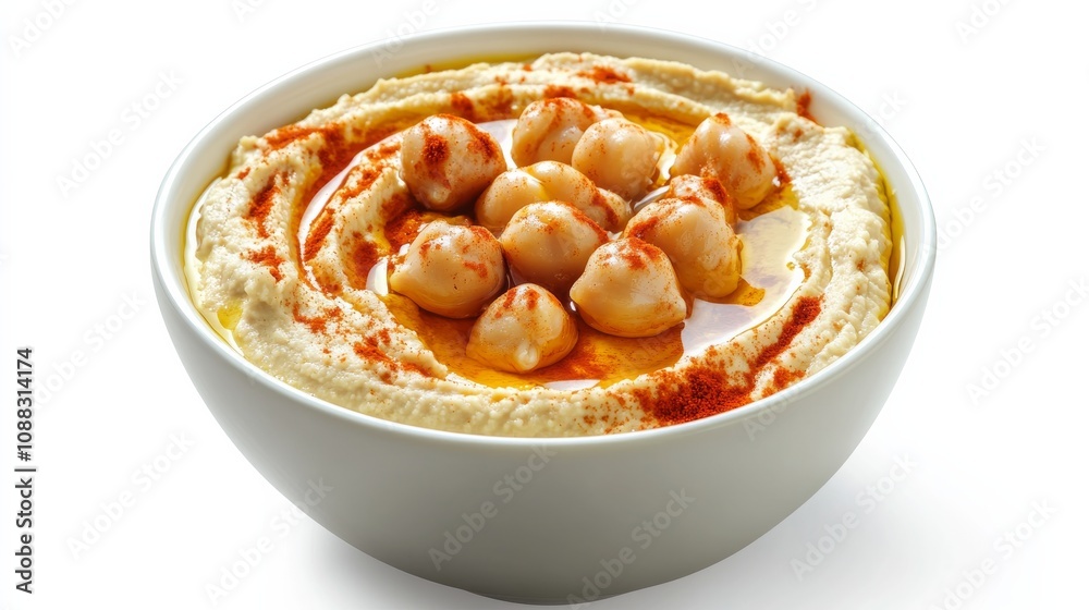 A bowl of creamy hummus topped with olive oil, paprika, and chickpeas A bowl of creamy hummus topped with olive oil, paprika, and chickpeas