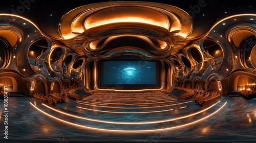 Create a 360-degree equirectangular HDRI image of a futuristic movie theater interior to be used as a background in a render to be used in 360 degree virtual Environment environment should be dark