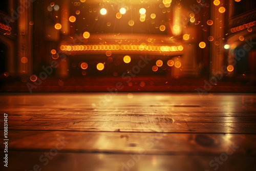 Rich mahogany stage floor and golden bokeh lights creating elegance in a grand theater. photo