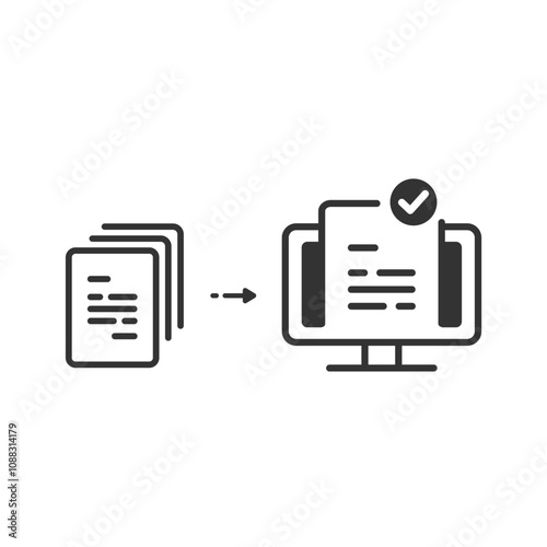 書類の電子化(ペーパーレス化)のイメージアイコン 線画・白黒