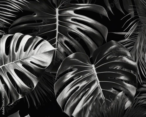 Monochrome tropical leaves, Monstera deliciosa, dramatic shadows, high contrast black and white photography, intricate leaf patterns, close-up botanical study, lush jungle foliage, layered leaf.