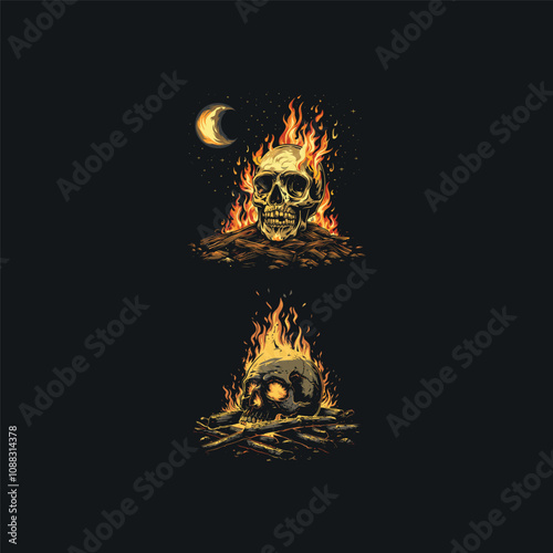 Burning skull head campfire logo design vector t-shirt illustration