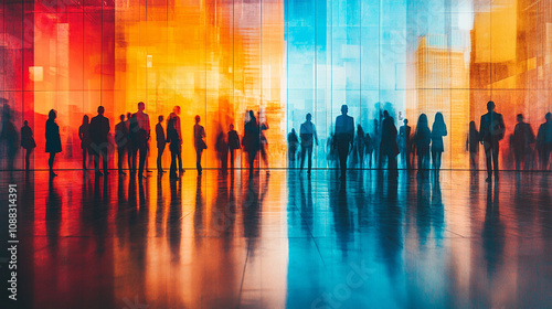 bustling crowd of business professionals moves swiftly through a modern office building, showcasing energy, ambition, and the dynamic nature of corporate life in a contemporary workspace