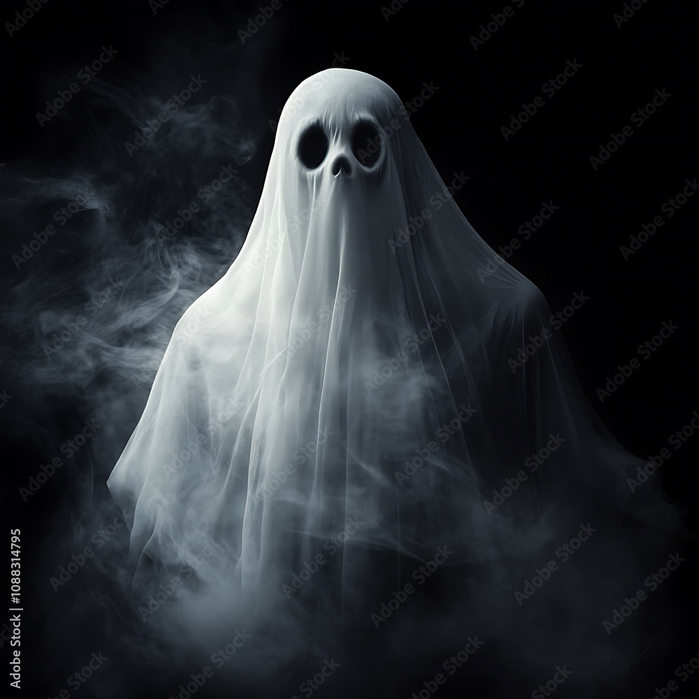 Eerie ghost figure shrouded in mist, dark background. Eerie ghost figure shrouded in mist, dark background.