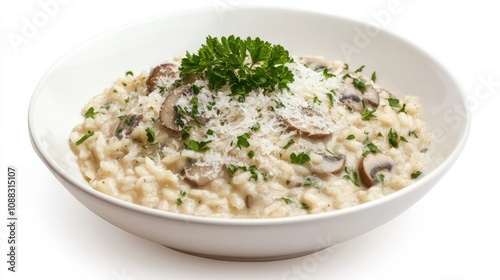 A bowl of creamy mushroom risotto garnished with fresh parsley and grated Parmesan cheese, Its rich, earthy flavor and creamy texture invitingly displayed