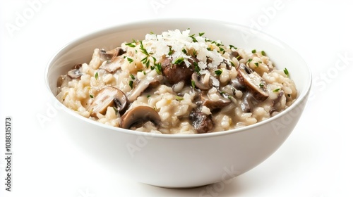 A bowl of creamy mushroom risotto with Arborio rice, mixed mushrooms, and Parmesan cheese