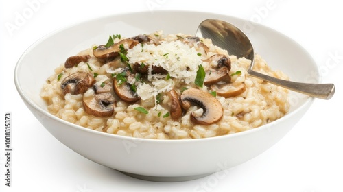 A bowl of creamy mushroom risotto with Arborio rice, mixed mushrooms, and Parmesan cheese