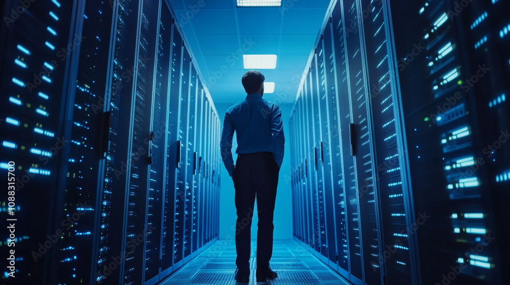 A businessman manages online services: cloud, web, and data hosting.  He's involved in internet business and social media.