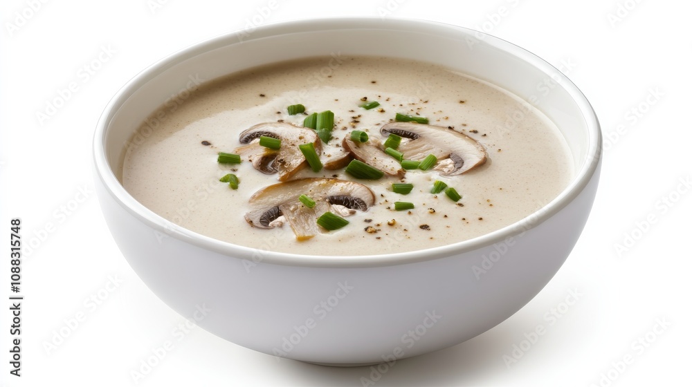 A bowl of creamy mushroom soup garnished with a drizzle of truffle oil and chopped chives, Its rich aroma and velvety texture enticingly displayed A bowl of creamy mushroom soup garnished with a drizzle of truffle oil and chopped chives, Its rich aroma and velvety texture enticingly displayed