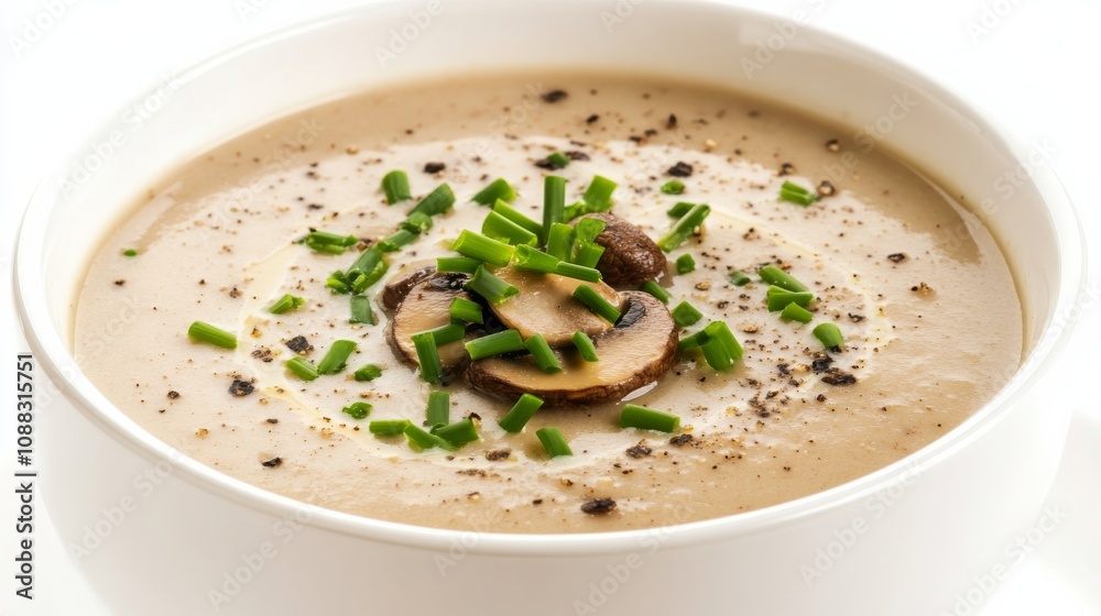 A bowl of creamy mushroom soup garnished with a drizzle of truffle oil and chopped chives, Its rich aroma and velvety texture enticingly displayed A bowl of creamy mushroom soup garnished with a drizzle of truffle oil and chopped chives, Its rich aroma and velvety texture enticingly displayed