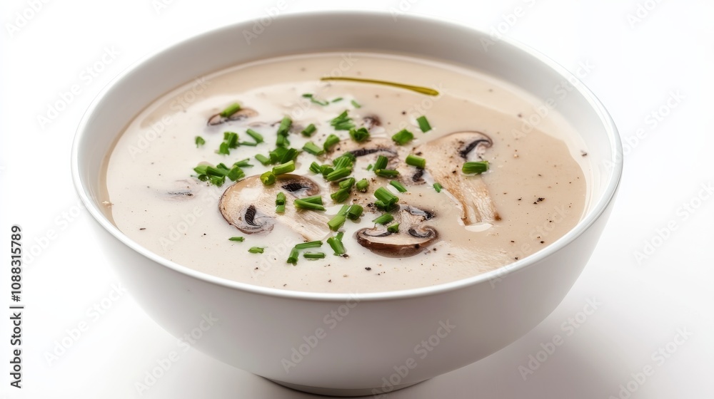 A bowl of creamy mushroom soup garnished with a drizzle of truffle oil and chopped chives, Its rich aroma and velvety texture enticingly displayed A bowl of creamy mushroom soup garnished with a drizzle of truffle oil and chopped chives, Its rich aroma and velvety texture enticingly displayed