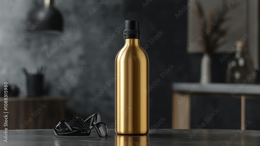 Gold Bottle and Sunglasses on a Table