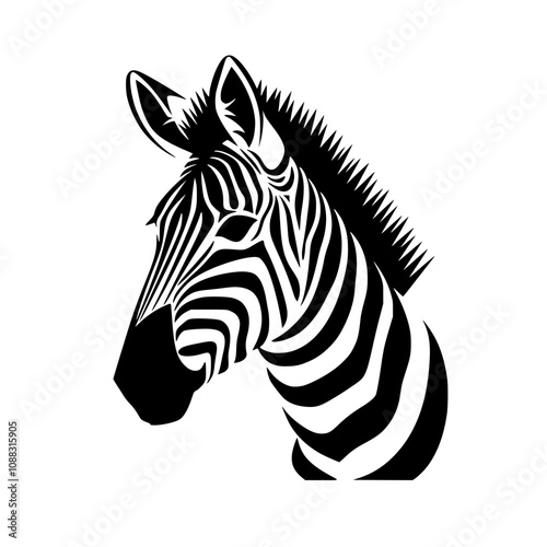 Zebra Silhouette with Bold Striped Pattern, Stylized black and white zebra silhouette featuring bold, intricate striped patterns, ideal for nature, wildlife, and artistic designs.

 photo