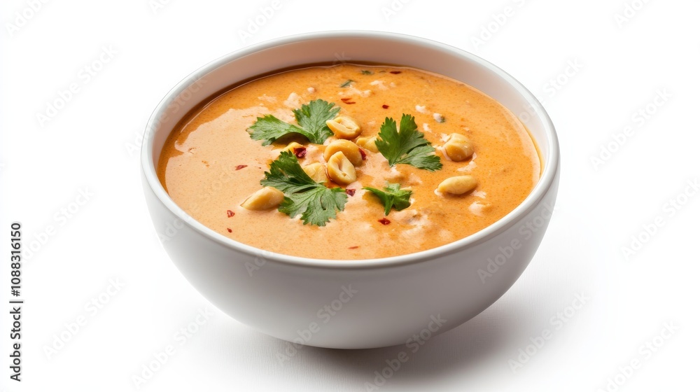 A bowl of creamy peanut sauce with roasted peanuts, coconut milk, lime juice A bowl of creamy peanut sauce with roasted peanuts, coconut milk, lime juice