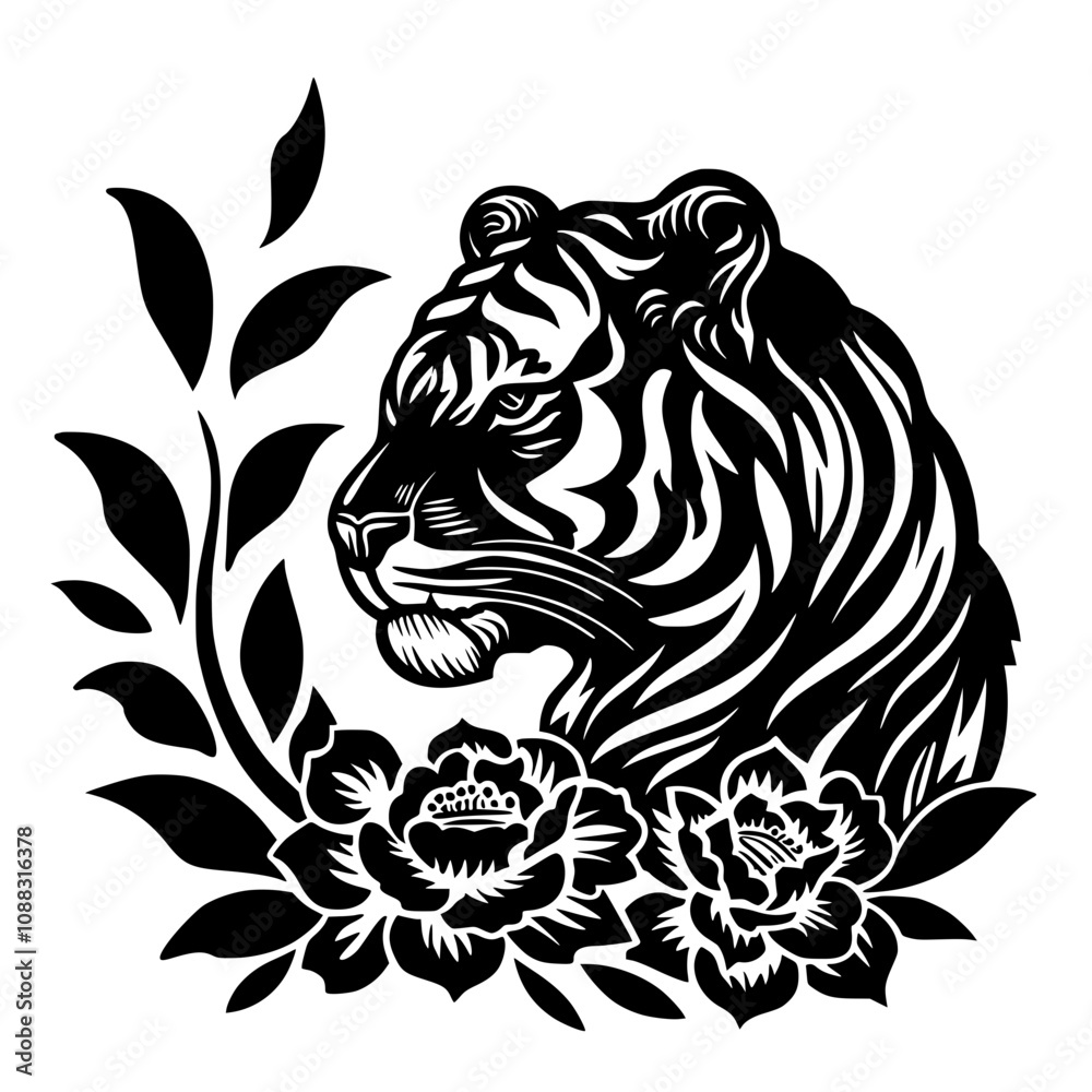 Obraz premium Tiger Silhouette with Floral Design, Artistic black and white tiger silhouette adorned with intricate floral patterns, combining strength and beauty in a bold design.