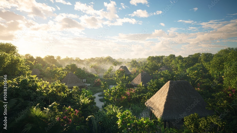 Obraz premium Morning Serenity in a Mayan Village: Peaceful Dawn with Thatched-Roof Huts and Lush Gardens