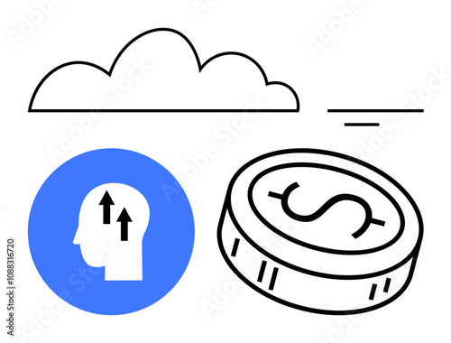 Cloud icon, head with arrows suggesting intellectual growth, and a coin with dollar sign. Ideal for technology, finance, education, innovation, investment economics and cloud services. Line