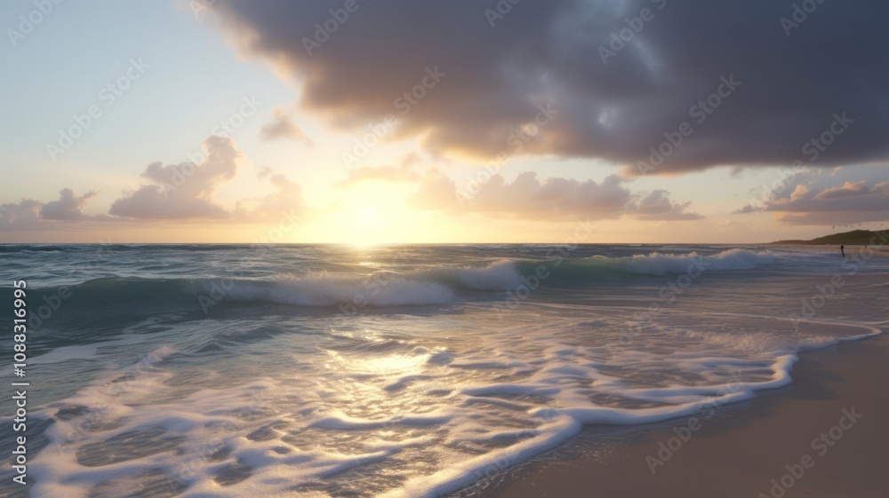 Serene beach sunset, golden hour light, crashing waves, sandy shore, dunes with beach grass, fluffy clouds, vibrant sky, ocean horizon, tranquil seascape, warm tones, long exposure water effect. Serene beach sunset, golden hour light, crashing waves, sandy shore, dunes with beach grass, fluffy clouds, vibrant sky, ocean horizon, tranquil seascape, warm tones, long exposure water effect.