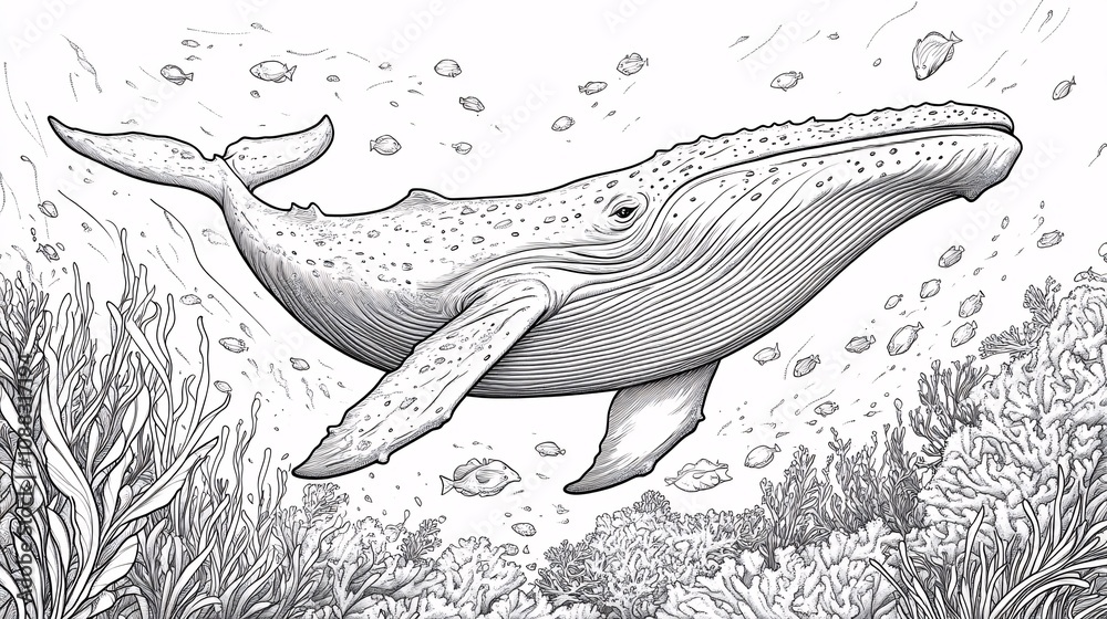 Fototapeta premium Whale coloring page for ocean book, sea animal outline drawing underwater