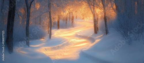 Enchanting Winter Forest Path Illuminated by Golden Sunrise Through Snow-Covered Trees