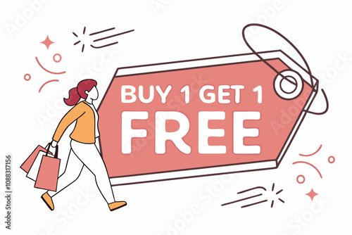  Buy 1 Get 1 Free tag design for banner or poster. Sale and Discounts Concept. Vector illustration