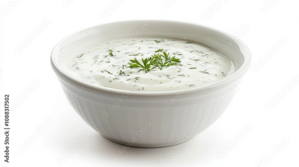 A bowl of creamy ranch dressing with buttermilk, sour cream, mayonnaise A bowl of creamy ranch dressing with buttermilk, sour cream, mayonnaise