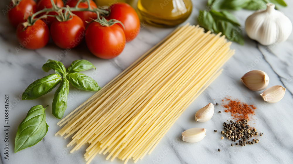 Artistic flat lay of uncooked spaghetti, fresh tomatoes, garlic cloves, and basil leaves on a marble surface, styled with a touch of olive oil and spices, bright and colorful composition Artistic flat lay of uncooked spaghetti, fresh tomatoes, garlic cloves, and basil leaves on a marble surface, styled with a touch of olive oil and spices, bright and colorful composition