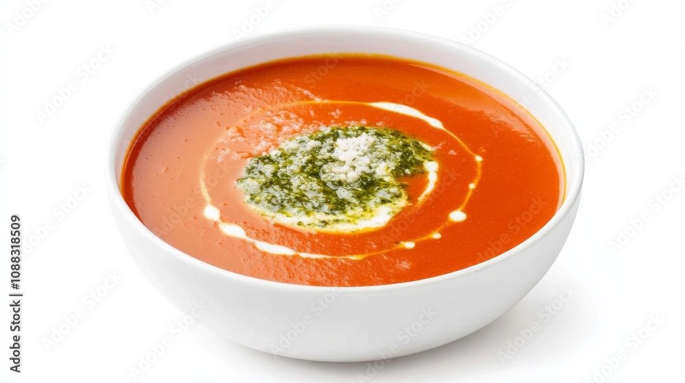 A bowl of creamy tomato bisque soup with a swirl of pesto and a sprinkle of Parmesan cheese, Its rich aroma and velvety texture enticingly displayed A bowl of creamy tomato bisque soup with a swirl of pesto and a sprinkle of Parmesan cheese, Its rich aroma and velvety texture enticingly displayed