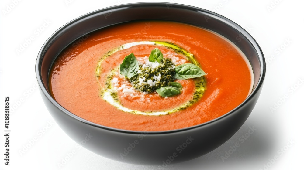 A bowl of creamy tomato bisque soup with a swirl of pesto and a sprinkle of Parmesan cheese, Its rich aroma and velvety texture enticingly displayed A bowl of creamy tomato bisque soup with a swirl of pesto and a sprinkle of Parmesan cheese, Its rich aroma and velvety texture enticingly displayed
