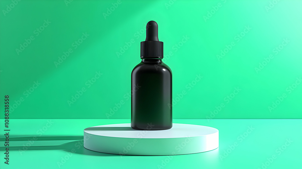 Black Dropper Bottle Mockup on a White Round Platform Against a Green Background Black Dropper Bottle Mockup on a White Round Platform Against a Green Background