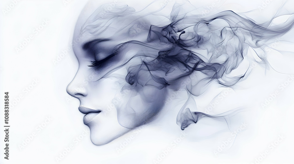 Fototapeta premium Abstract Illustration of a Woman's Face Composed of Smoke-Like Lines in a Profile View with Closed Eyes