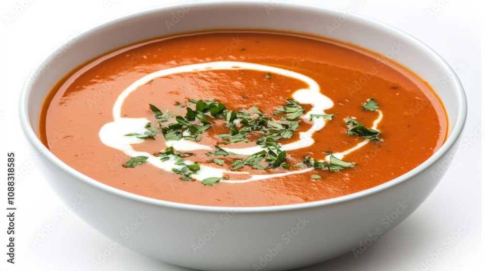 A bowl of creamy tomato soup garnished with a swirl of fresh cream and chopped parsley, Each spoonful’s velvety texture and rich flavor captured with precision A bowl of creamy tomato soup garnished with a swirl of fresh cream and chopped parsley, Each spoonful’s velvety texture and rich flavor captured with precision