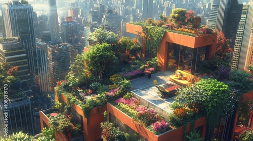 Stunning Urban Rooftop Garden Oasis with Lush Greenery and Vibrant Flowers Amidst a Modern Cityscape photo