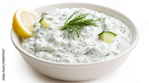 A bowl of creamy tzatziki sauce with Greek yogurt, cucumber, garlic