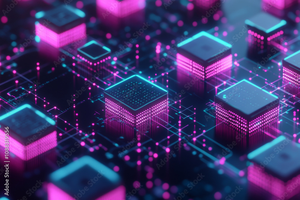 Futuristic glowing microchips on digital circuit board Futuristic glowing microchips on digital circuit board