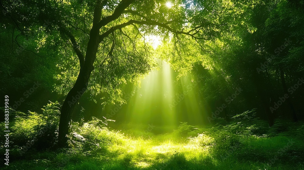 A tranquil forest scene with sunlight streaming through lush green tree branches, illuminating a vibrant grassy area and creating a peaceful, serene atmosphere. A tranquil forest scene with sunlight streaming through lush green tree branches, illuminating a vibrant grassy area and creating a peaceful, serene atmosphere.