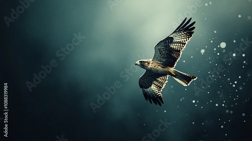 An eagle soaring through the night sky, with stars and moonlight creating an ethereal backdrop. The forest silhouette is in soft focus beneath it, capturing the bird's majestic presence.  photo