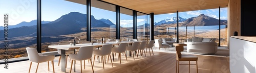 A highaltitude lodge with panoramic windows showcasing endless mountain ranges photo