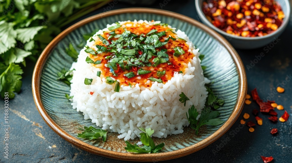 Fluffy white rice topped with vibrant spiced sauce and fresh herbs, served alongside a bowl of red pepper flakes for added heat. Fluffy white rice topped with vibrant spiced sauce and fresh herbs, served alongside a bowl of red pepper flakes for added heat.