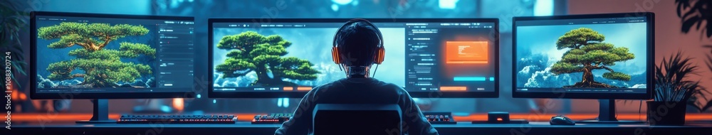 Human programmer in neon-lit workspace, man and AI collaboration, advanced coding station Human programmer in neon-lit workspace, man and AI collaboration, advanced coding station