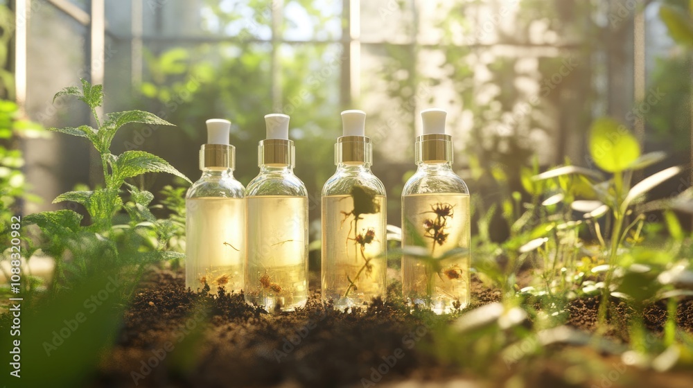 Sustainable beauty display with drop bottles containing soil and insect extracts, set among vibrant greenery in a sunlit garden emphasizing circular ecosystems. Sustainable beauty display with drop bottles containing soil and insect extracts, set among vibrant greenery in a sunlit garden emphasizing circular ecosystems.