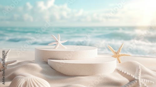 3D beach podium on sandy shore with seashells and starfish, ideal for summer product displays, holiday promotions, and travel showcases in a serene coastal setting.