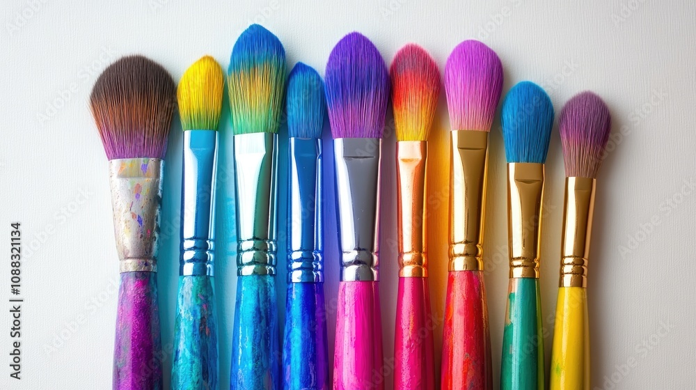 Fototapeta premium Colorful paintbrushes in a row, displaying an array of vibrant hues on the bristles, perfect for artistic inspiration and creative projects