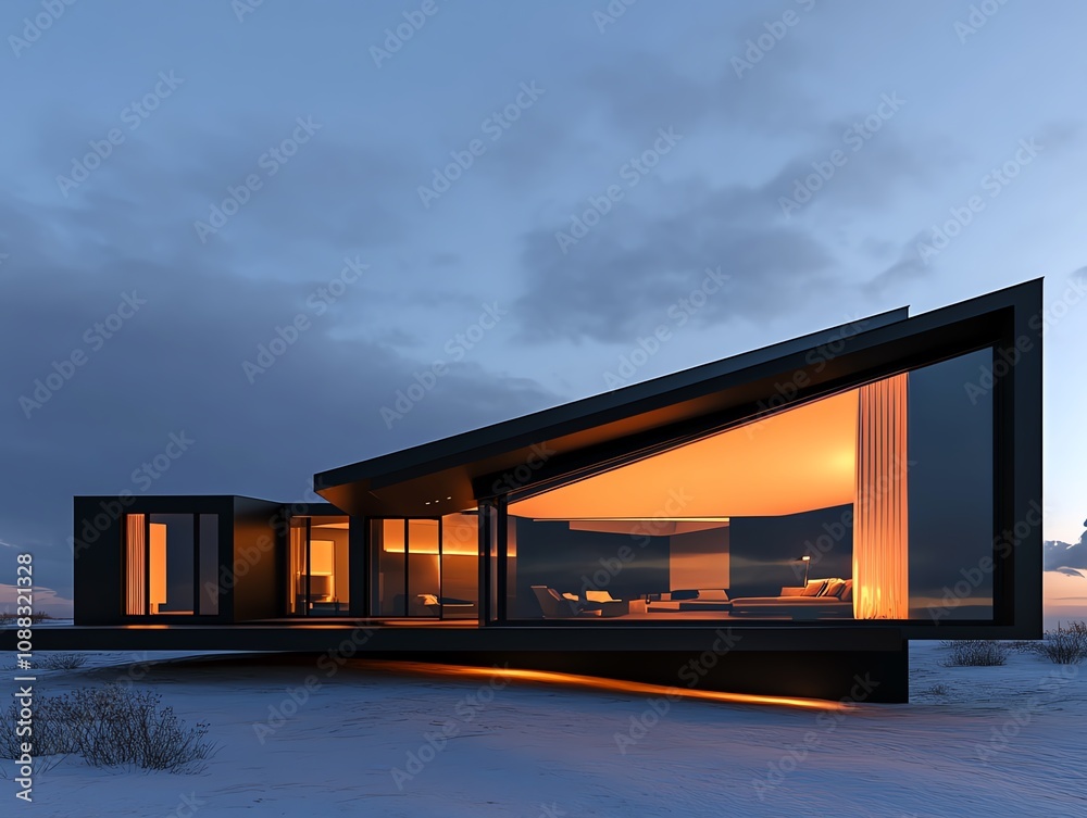 A minimalist retreat in the Arctic tundra, featuring geometric shapes and glowing interiors A minimalist retreat in the Arctic tundra, featuring geometric shapes and glowing interiors