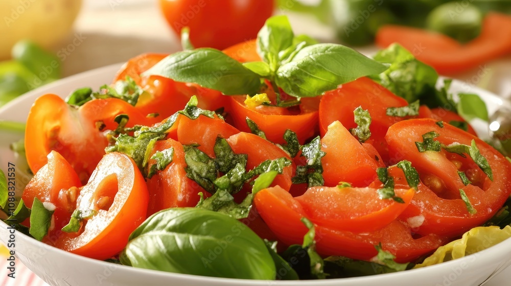 Colorful vegetable salad showcasing juicy tomatoes, shredded carrots, and fresh greens, beautifully garnished with aromatic basil leaves for a healthy dish. Colorful vegetable salad showcasing juicy tomatoes, shredded carrots, and fresh greens, beautifully garnished with aromatic basil leaves for a healthy dish.