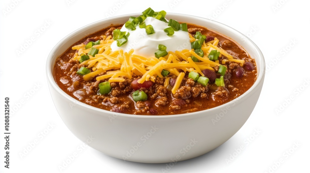 A bowl of hearty chili topped with shredded cheese, sour cream, and chopped green onions A bowl of hearty chili topped with shredded cheese, sour cream, and chopped green onions