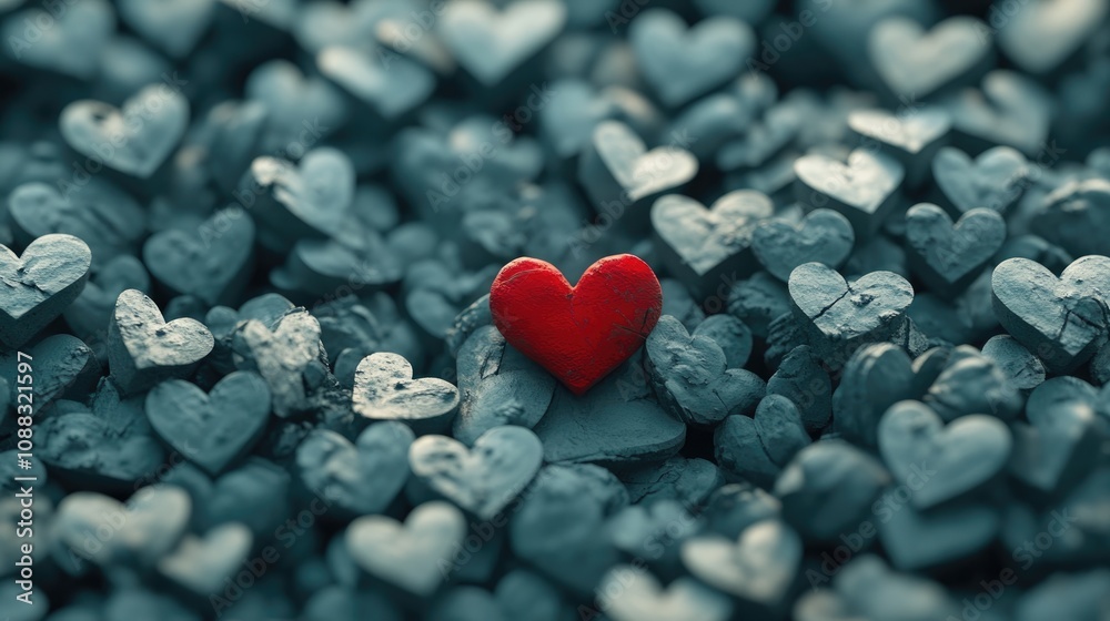 Obraz premium Vivid red heart contrasts strikingly with an array of small gray hearts, symbolizing love amidst a muted setting.
