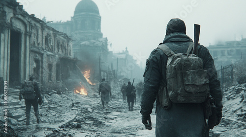 A haunting post-apocalyptic cityscape featuring crumbling buildings and desolate streets bathed in a gloomy atmosphere, symbolizing decay, resilience, and the power of nature reclaiming urban spaces