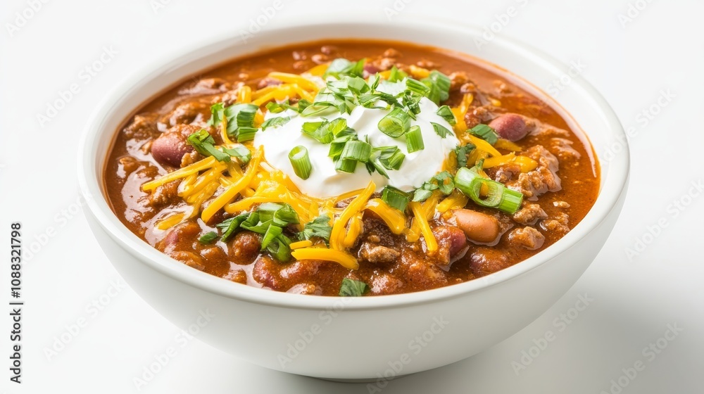 A bowl of hearty chili topped with shredded cheese, sour cream, and chopped green onions A bowl of hearty chili topped with shredded cheese, sour cream, and chopped green onions